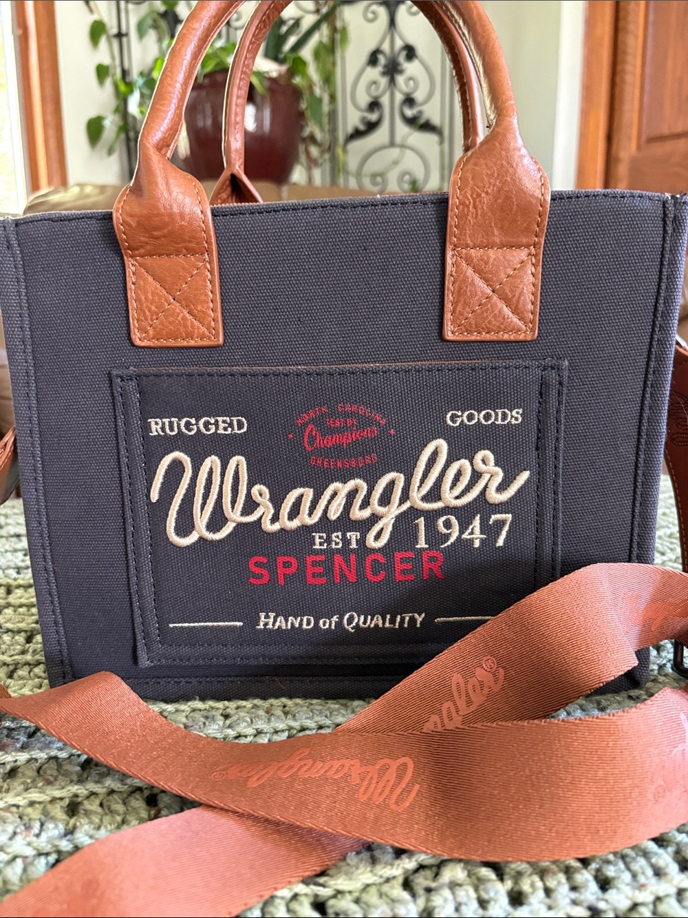 Wrangler Navy Canvas Messenger Bag with Brown Leather Trim